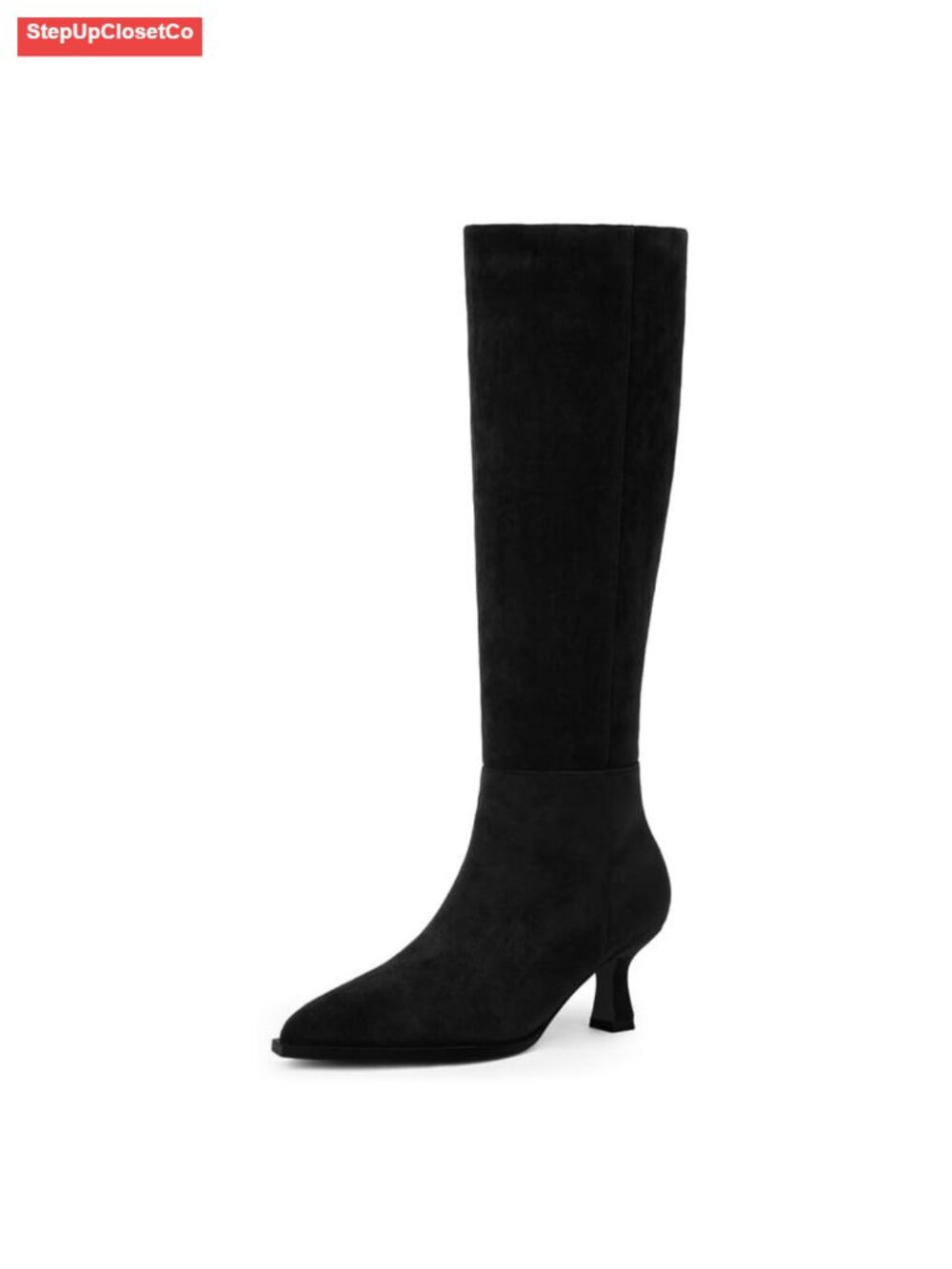 Kitten Heel Knee High Boots Pointed Toe Faux Suede Side Zip Women's